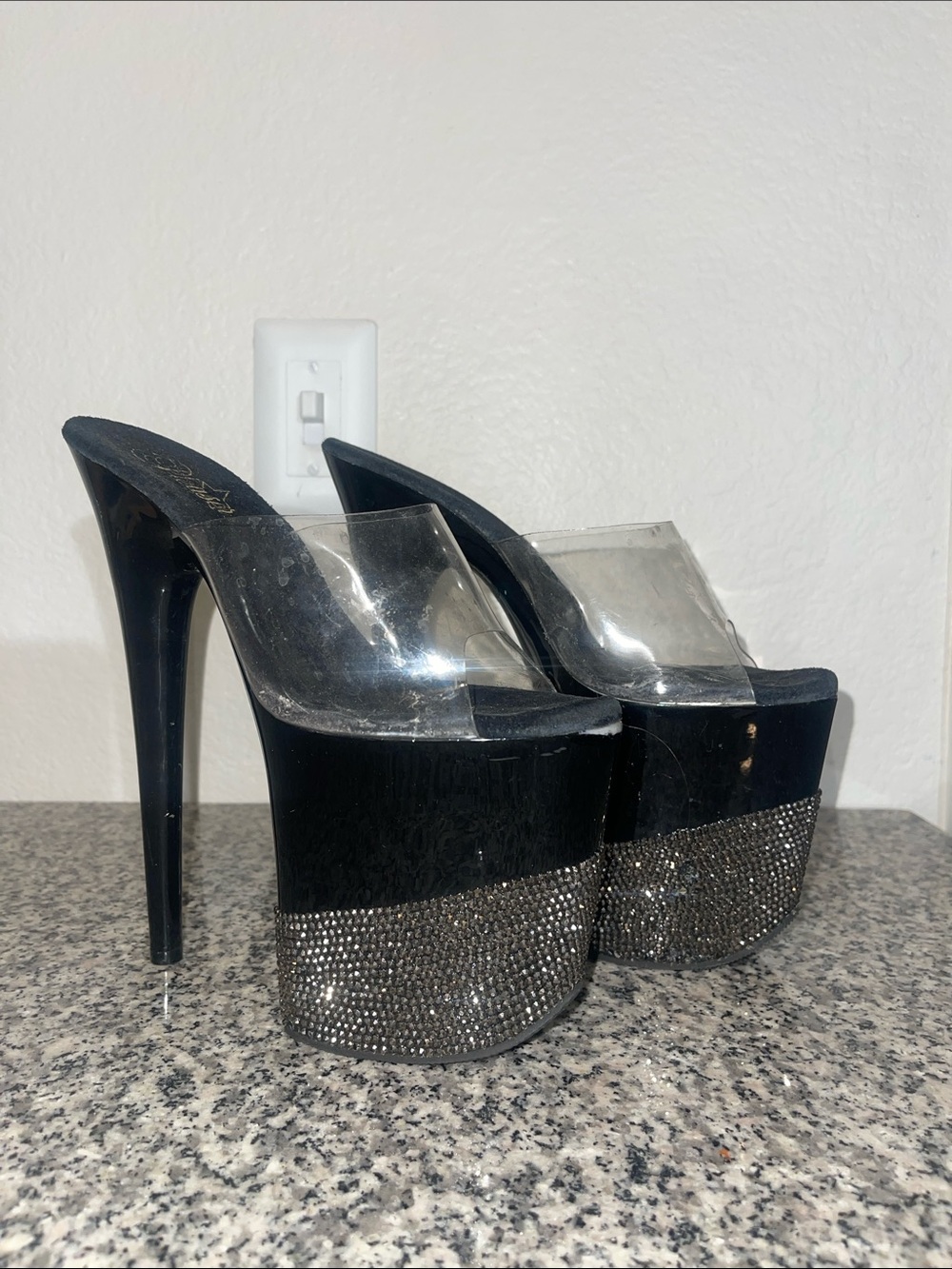 Pleaser Black Platform Mules with Clear PVC Strap and Rhinestone Trim